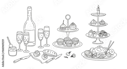 Elegant celebration with desserts and drinks in linear style