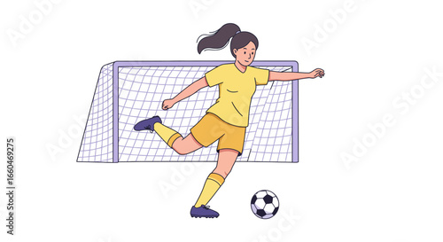 Girl playing soccer in front of goal net in dynamic flat style
