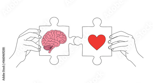 Mind and heart connection: hands holding brain and heart puzzle pieces