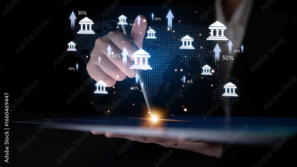 Fototapeta premium Online banking and digital banking innovation combining finance and technology, optimizing online banking systems, mobile banking services, and fintech for seamless experience. Spline
