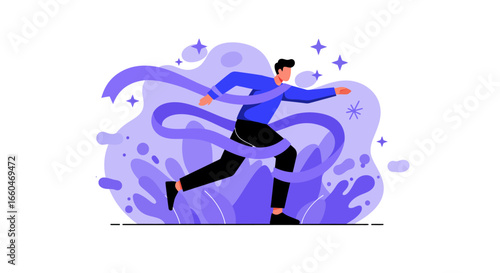Dynamic flat style illustration of a man running with vivid purple abstract background