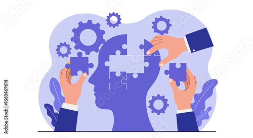 Mental health and problem solving concept with puzzle pieces and human head design