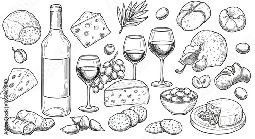 Hand drawn wine and cheese collection featuring rustic bread and grapes