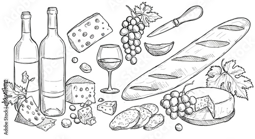 Hand-drawn wine and cheese with baguette sketch: elegant culinary delight
