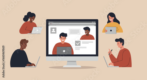 Virtual team collaboration with diverse people using laptops in flat design style