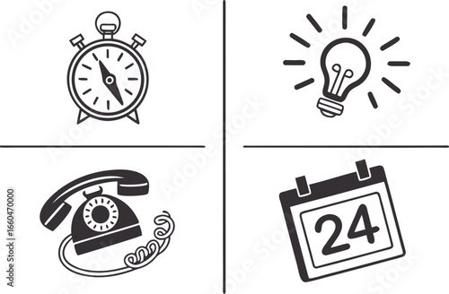 Illustration of an alarm clock, light bulb, telephone, and calendar
