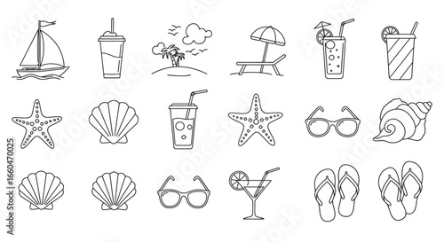 Beach icon set featuring drinks, seashells, and summer elements in linear style