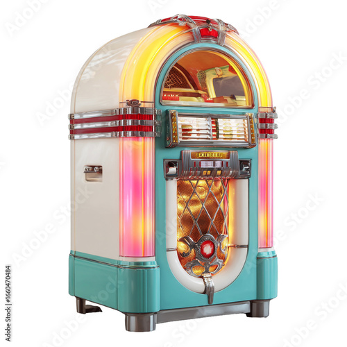 Vintage jukebox with colorful lights isolated on transparent background