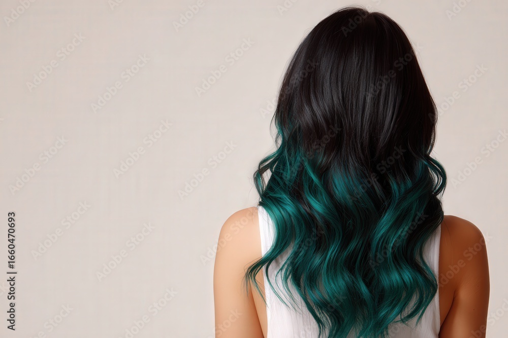 Naklejka premium A woman's wavy hair, styled with a teal ombre, showcased against a neutral background.