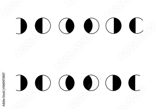 Symmetrical Rows of Minimalist Black and White Icons Charting the Lunar Cycle.
