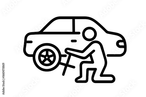 Man changing a tire on a car in an outline style illustration  