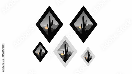 Arrangement of diamond shaped frames containing desert landscape with cactus at sunset in monochrome tones silhouette