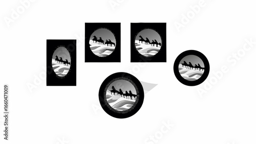 Five oval and rectangular frames depicting silhouettes of camels and riders in a grayscale landscape scene