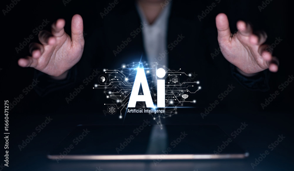 Naklejka premium AI assistant with LLM, big data, machine learning, and generative AI powers prompt engineering and supports agentic AI for advanced business applications. Latch