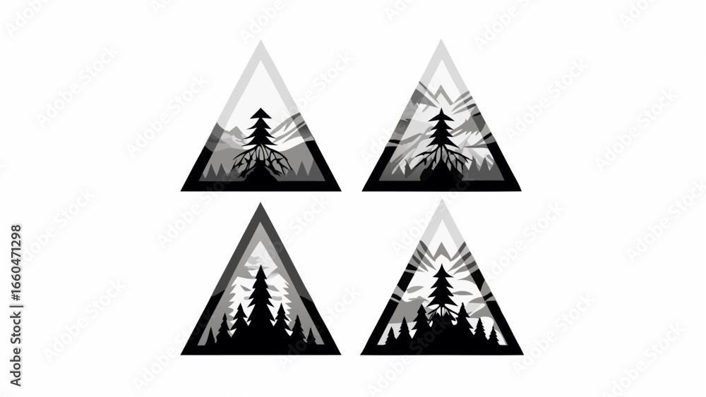 Fototapeta premium Four triangular designs showcasing nature scenes with trees and mountains in a grayscale color palette art silhouette
