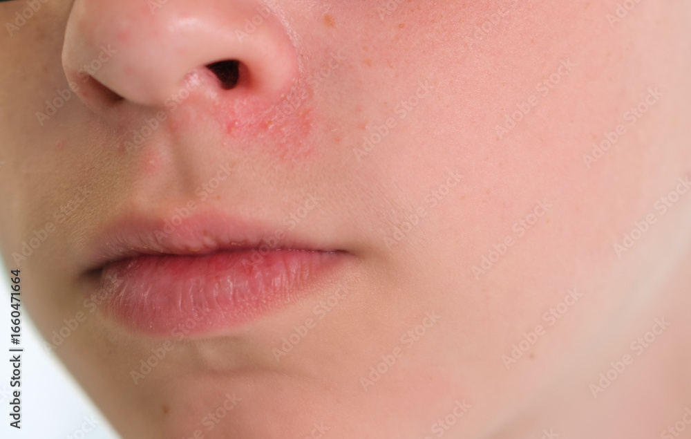Fototapeta premium A young boy with a red nose, Seborrheic dermatitis, Medical Concept