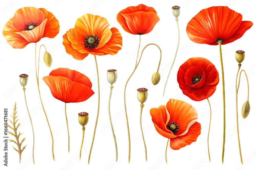 Obraz premium Assortment of Red Poppies and Seed Pods on Background poppy red poppy isolated on a transparent background