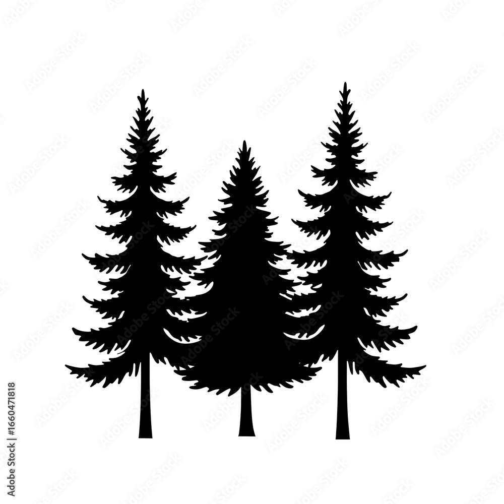 Obraz premium Three Evergreen Pine Trees in a Bold Minimalist Black Silhouette Graphic.