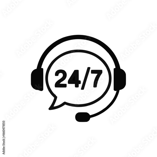 Illustration of a headset with a speech bubble displaying twenty four seven support service concept on transparent background