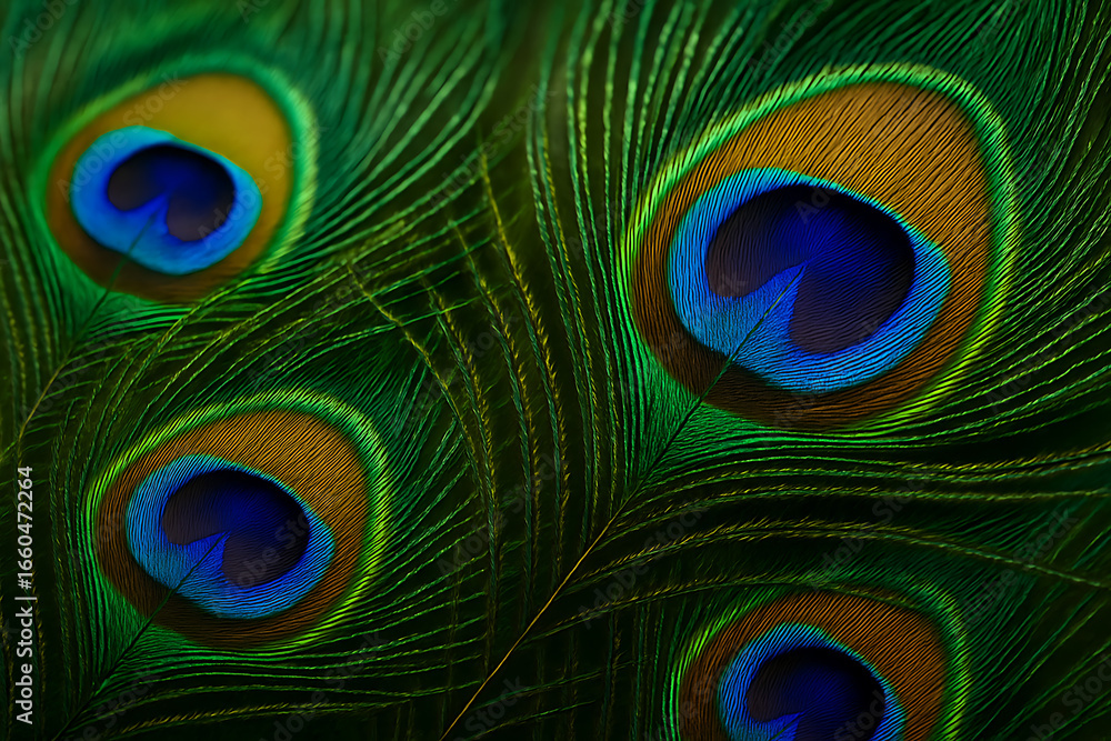 Obraz premium Peacock feather close up macro, vibrant colorful eye pattern with green and blue iridescent plumage, exotic bird detail nature texture, wildlife abstract background, decorative natural design beauty c