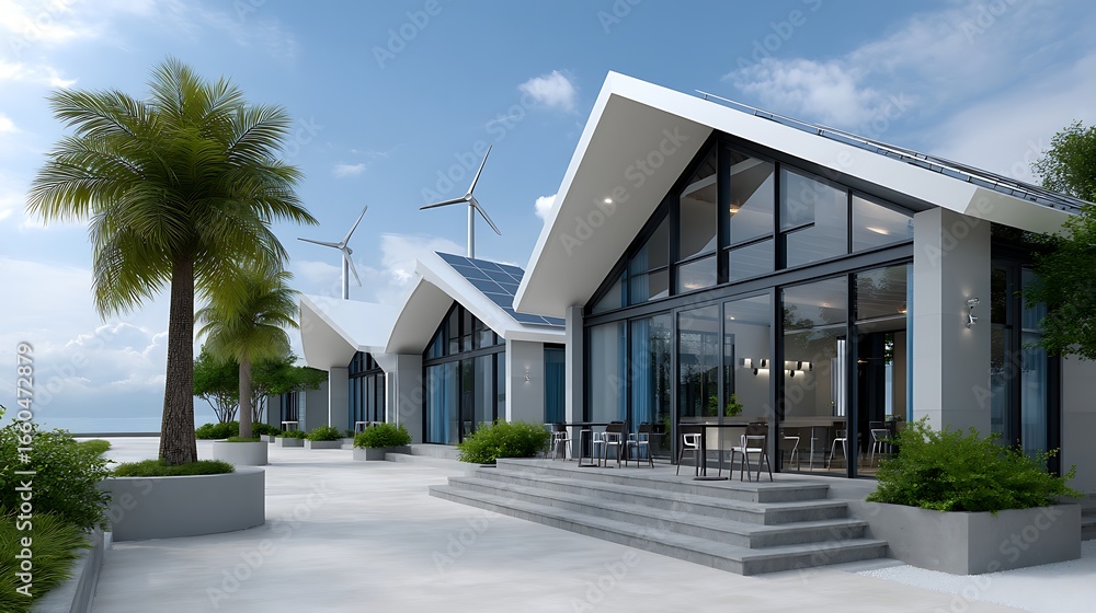Fototapeta premium Modern eco-friendly building design featuring solar panels, wind turbines, and lush greenery under a blue sky