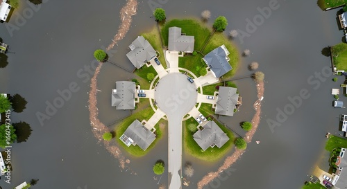 Aerial view of a flooded suburban cul-de-sac with houses surrounded by water, highlighting the impact of a natural disaster.