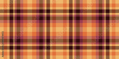 Cozy plaid pattern with warm orange and brown hues. Classic and versatile textile design. Ideal for backgrounds, apparel, and design projects.