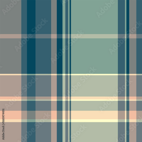 Classic plaid pattern in muted teal, blue, grey and peach tones. Ideal for backgrounds, textiles, or abstract design. Timeless, versatile texture.