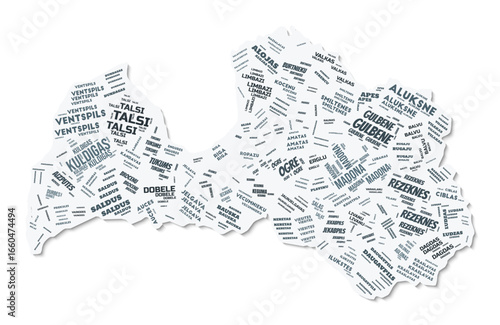 Latvia shape text cloud. Country border with shadow on white background. Latvia with regions division in vintage gazette style. Creative vector illustration.
