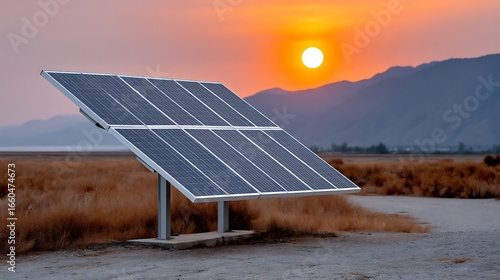 Solar Panel Array During Sunset with Mountain Background in Vibrant Orange and Pink Sky Over Desert Landscape