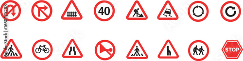 Set of Fifteen Traffic and Road Signs Including Stop, Parking, Roadworks, Speed Limits, Bicycles, and Crossings