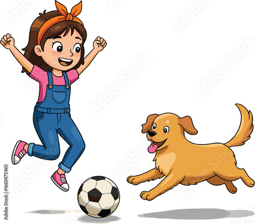 Happy cartoon girl playing soccer with dog, cute kid and puppy illustration, fun outdoor game, children and pet sports scene