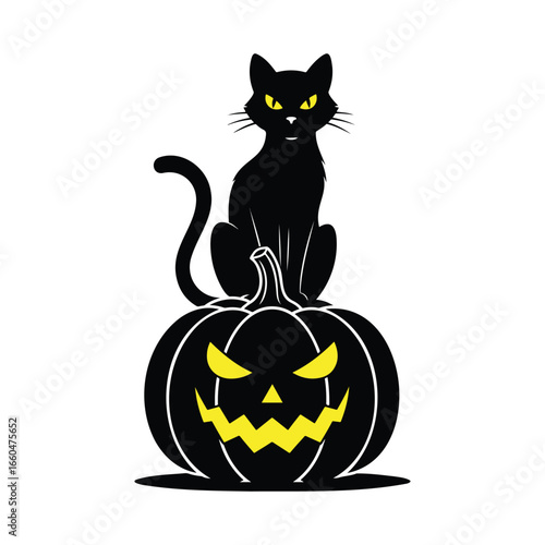 A cute black cat sits by a jack-o'-lantern, ready for a spooky Halloween celebration