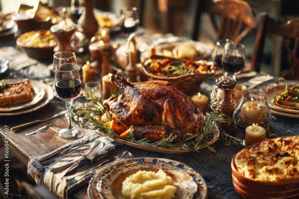 Naklejka premium Thanksgiving celebration traditional dinner setting meal concept. MZ 