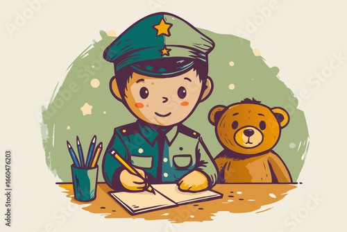 Boy in police uniform seriously writing “ticket” in notebook, teddy bear sitting opposite