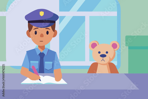 Boy in police uniform seriously writing “ticket” in notebook, teddy bear sitting opposite