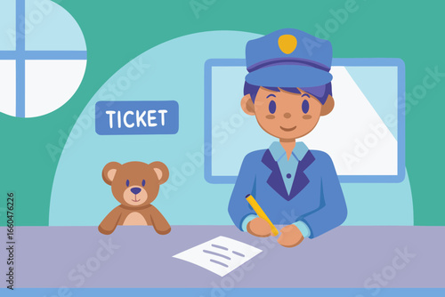Boy in police uniform seriously writing “ticket” in notebook, teddy bear sitting opposite
