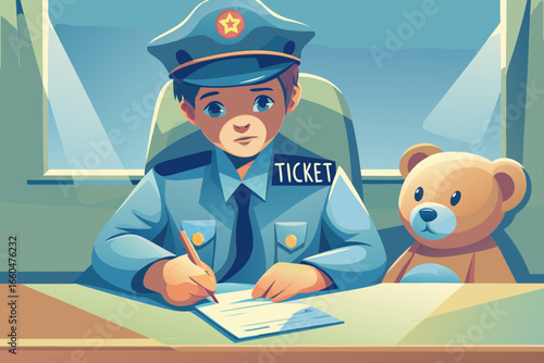 Boy in police uniform seriously writing “ticket” in notebook, teddy bear sitting opposite.