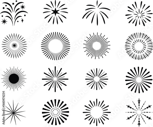 Set of black and white fireworks and firecracker icons in silhouette style