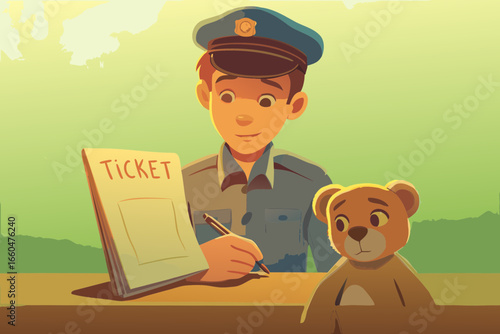 Boy in police uniform seriously writing “ticket” in notebook, teddy bear sitting opposite
