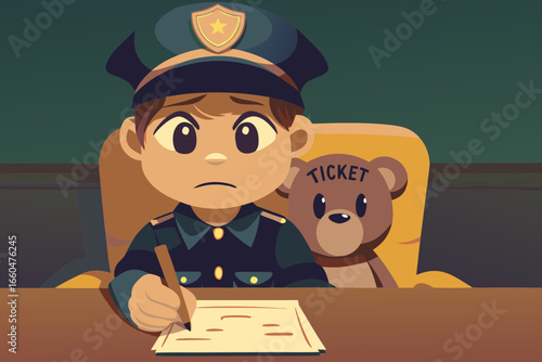 Boy in police uniform seriously writing “ticket” in notebook, teddy bear sitting opposite