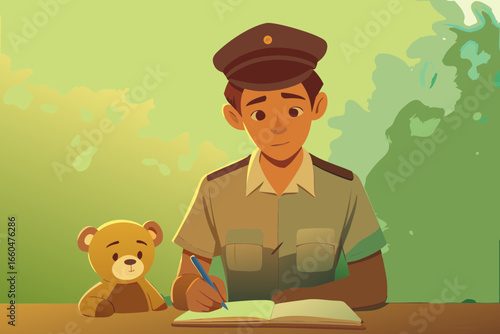 Boy in police uniform seriously writing “ticket” in notebook, teddy bear sitting opposite