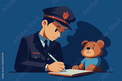 Boy in police uniform seriously writing “ticket” in notebook, teddy bear sitting opposite