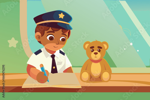Boy in police uniform seriously writing “ticket” in notebook, teddy bear sitting opposite