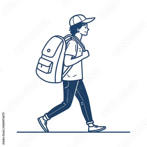 Young Man Walking with Backpack | Student Traveler Vector Illustration