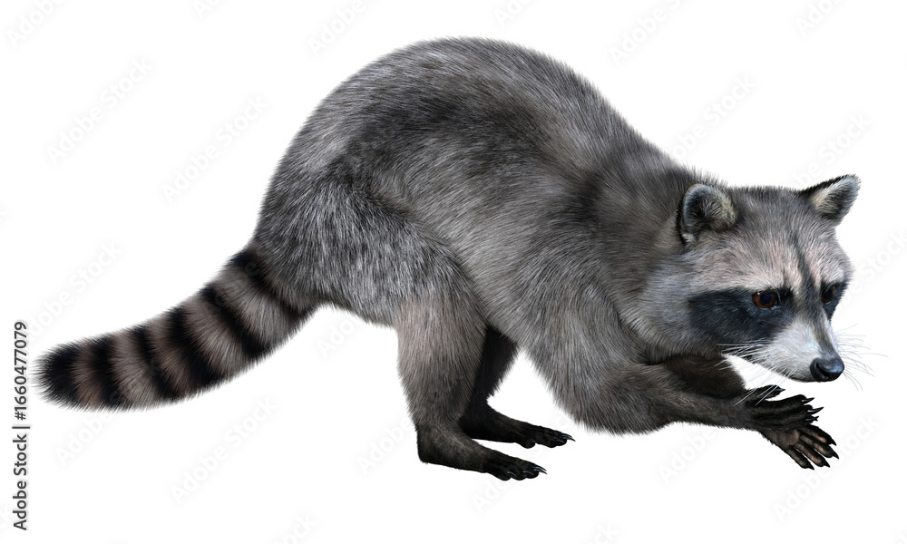 Obraz premium The common raccoon holds its dexterous paws in front of it in the rinsing position. 3d rendering on transparent background, no AI used