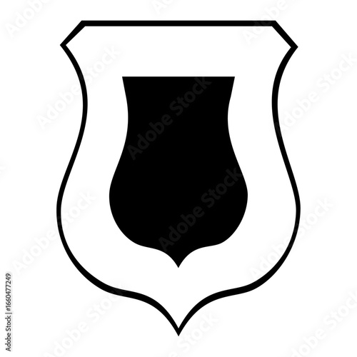 Black shield icon with a classic shape and a pointed bottom isolated on white background
