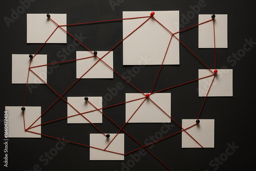Conspiracy investigation board red strings connected notes, detective evidence wall crime scene analysis, mystery solving information diagram, investigation mapping strategy secret research concept il