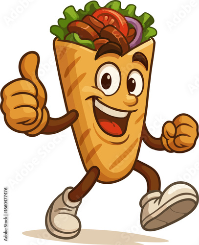 Happy shawarma sandwich wrap mascot in cartoon style vector