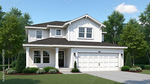 Charming modern farmhouse style home with white board and batten siding and attached two car garage